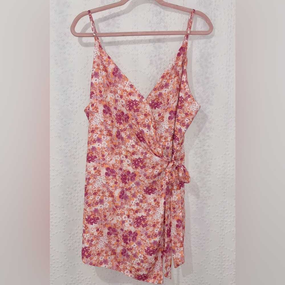 Pink Lily Floral Wrap Mini Dress Large Pink Orange Tie Waist Spaghetti Strap